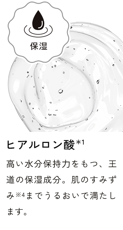 ヒアルロン酸＊5 高い水分保持力をもつ、王道の保湿成分。肌のすみずみ※4までうるおいで満たします。