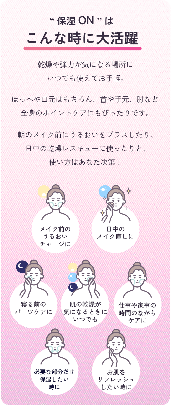 “うるおいON ”はこんな時に大活躍　乾燥や弾力が気になる場所にいつでも使えてお手軽。ほっぺや口元はもちろん、首や手元、肘など全身のポイントケアにもぴったりです。朝のメイク前にうるおいをプラスしたり、日中の乾燥レスキューに使ったりと、使い方はあなた次第！
