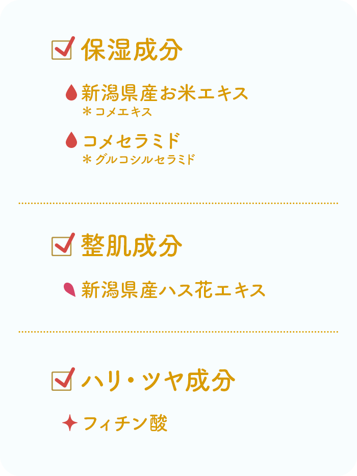 保湿成分：新潟県産お米エキス・コメセラミド 整肌成分：新潟県産ハス花エキス ハリ・ツヤ成分：フィチン酸