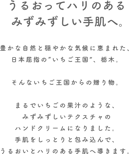 うるおってハリのあるみずみずしい手肌へ。 豊かな自然と穏やかな気候に恵まれた、日本屈指の“いちご王国”、栃木。そんないちご王国からの贈り物、甘酸っぱくてジューシーなとちあいかが、まるでいちごの果汁のような、みずみずしいテクスチャのハンドクリームになりました。手肌をしっとりと包み込んで、うるおいとハリのある手肌へ導きます。