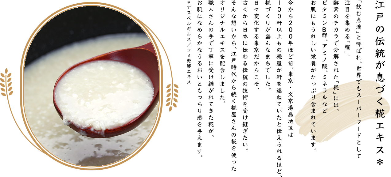 江戸の伝統が息づく糀エキス＊ 「飲む点滴」と呼ばれ、世界でもスーパーフードとして注目を集める「糀」。酵素のチカラで分解された「糀」には、ビタミンB群、アミノ酸、ミネラルなどお肌にもうれしい栄養がたっぷり含まれています。 今から200年ほど前、東京・文京湯島地区は100軒以上もの糀屋が軒を連ねていたと伝えられるほど、糀づくりが盛んなまちでした。日々変化する東京だからこそ、古くから日本に伝わる伝統の技術を受け継ぎたい。そんな想いから、江戸時代から続く糀屋さんの糀を使ったオリジナルエキスを配合しました。職人さんの手で丁寧に受け継がれてきた糀が、お肌になめらかなうるおいともっちり感を与えます。＊アスペルギルス／コメ発酵エキス