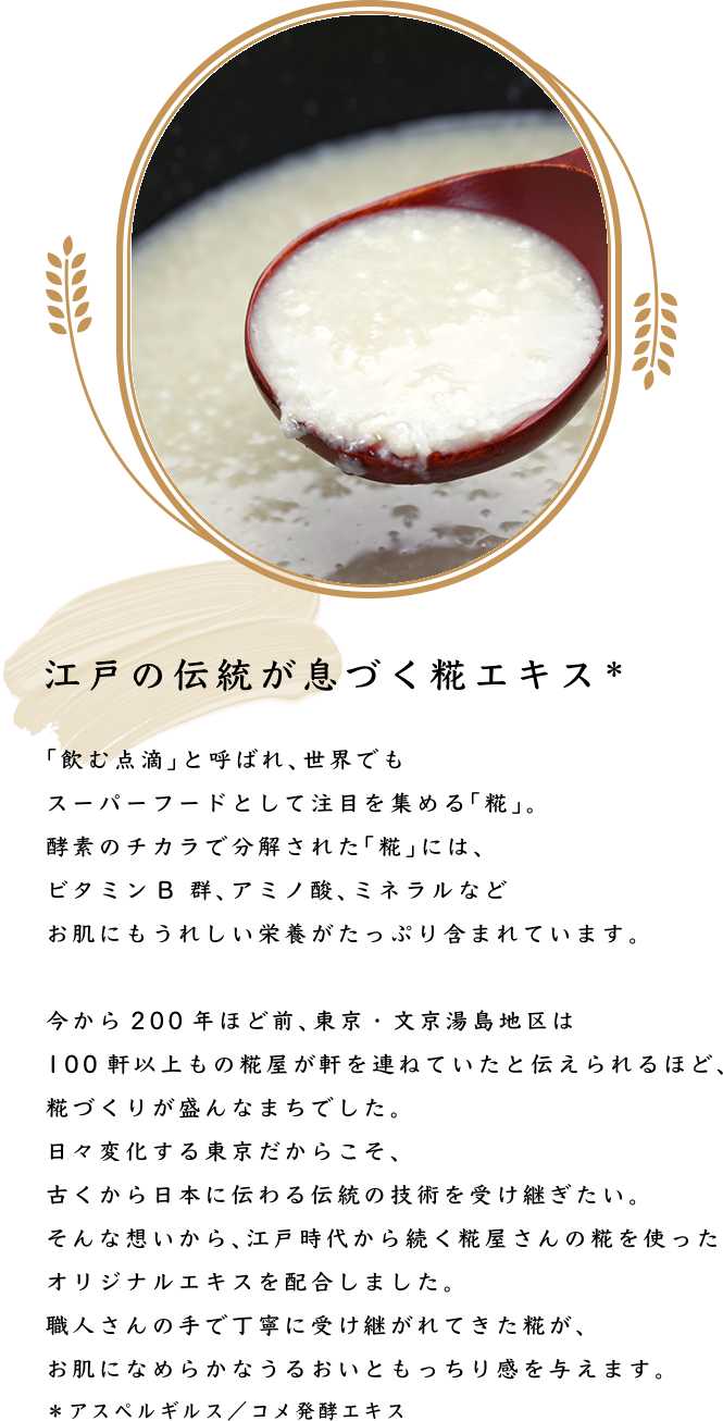 江戸の伝統が息づく糀エキス＊ 「飲む点滴」と呼ばれ、世界でもスーパーフードとして注目を集める「糀」。酵素のチカラで分解された「糀」には、ビタミンB群、アミノ酸、ミネラルなどお肌にもうれしい栄養がたっぷり含まれています。 今から200年ほど前、東京・文京湯島地区は100軒以上もの糀屋が軒を連ねていたと伝えられるほど、糀づくりが盛んなまちでした。日々変化する東京だからこそ、古くから日本に伝わる伝統の技術を受け継ぎたい。そんな想いから、江戸時代から続く糀屋さんの糀を使ったオリジナルエキスを配合しました。職人さんの手で丁寧に受け継がれてきた糀が、お肌になめらかなうるおいともっちり感を与えます。＊アスペルギルス／コメ発酵エキス