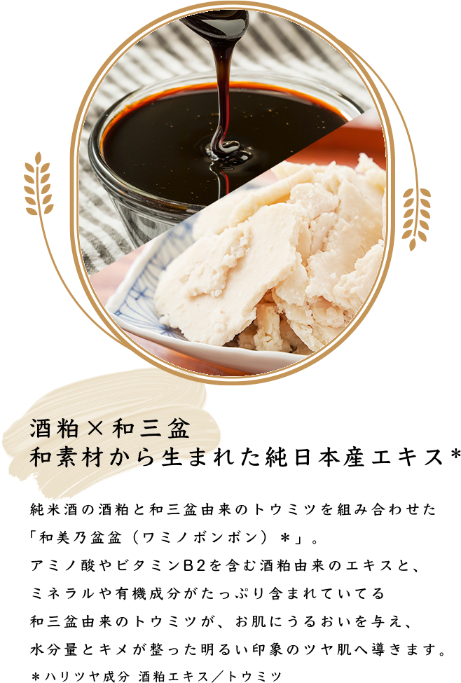 酒粕×和三盆和素材から生まれた純日本産エキス 純米酒の酒粕と和三盆由来のトウミツを組み合わせた「和美乃盆盆（ワミノボンボン）＊」。アミノ酸やビタミンB2を含む酒粕由来のエキスと、ミネラルや有機成分がたっぷり含まれていてる和三盆由来のトウミツが、お肌にうるおいを与え、水分量とキメが整った明るい印象のツヤ肌へ導きます。＊ハリツヤ成分 酒粕エキス／トウミツ